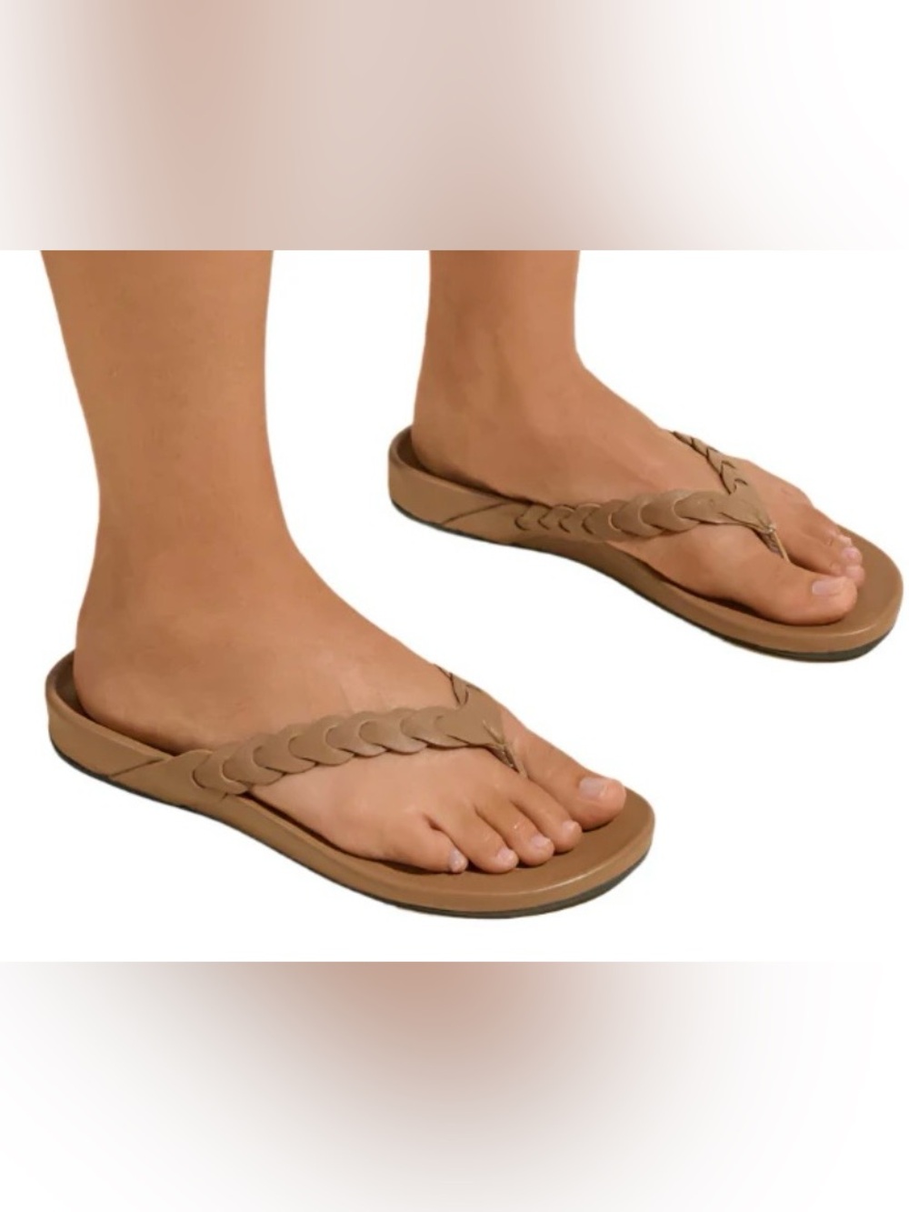 Olukai Lei Flip Flops Braided Leather Tan Woman’s Size 6 Wide New in box!